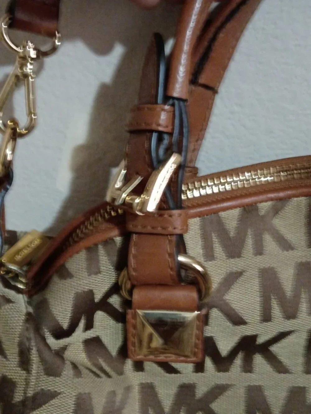 MICHAEL KORS Large Satchel MK Signature Tangerine Leather Jacquard Bag Canvas